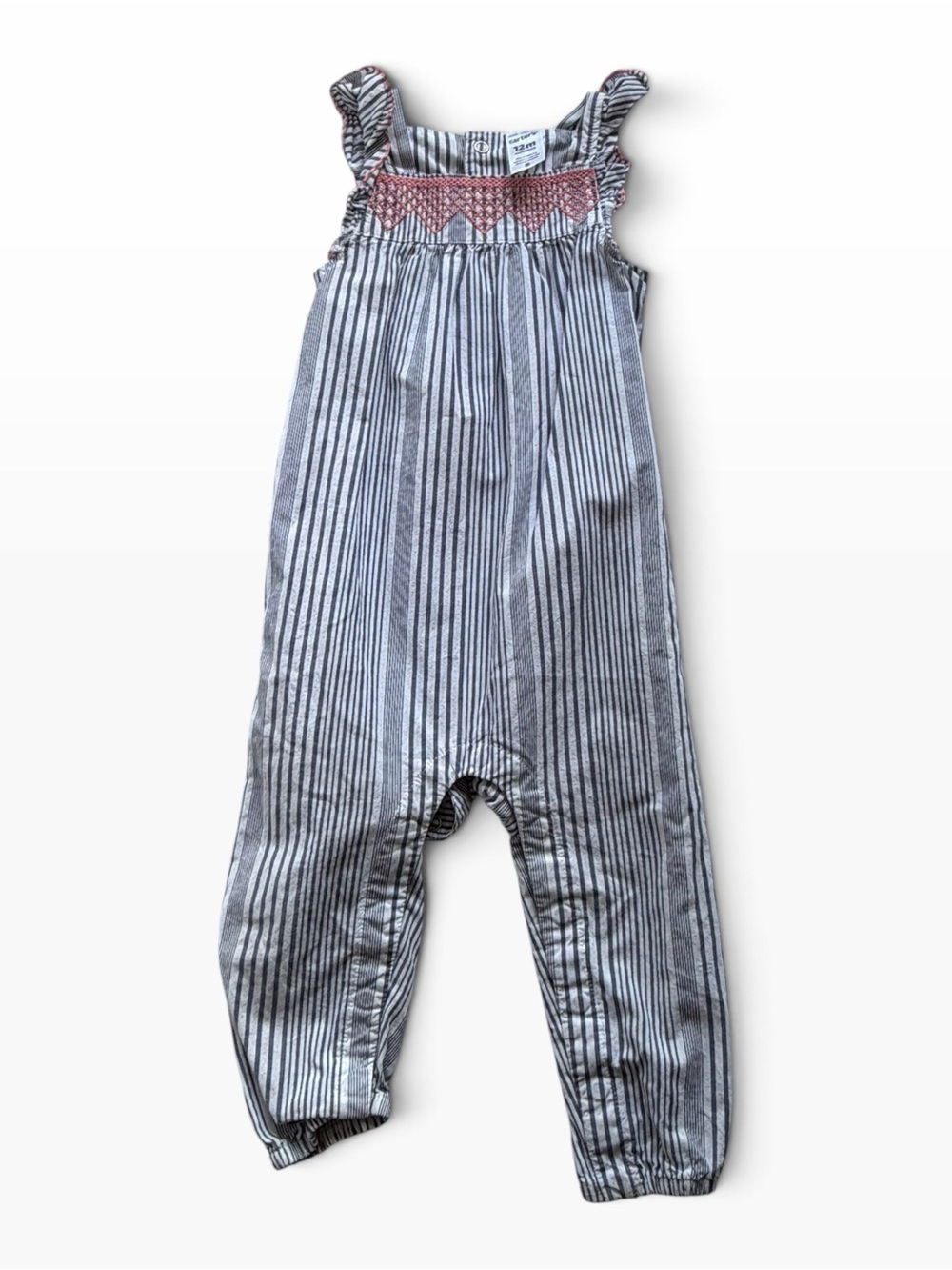 Carter's Gray Stripe Jumpsuit with Pink Smocked Yoke